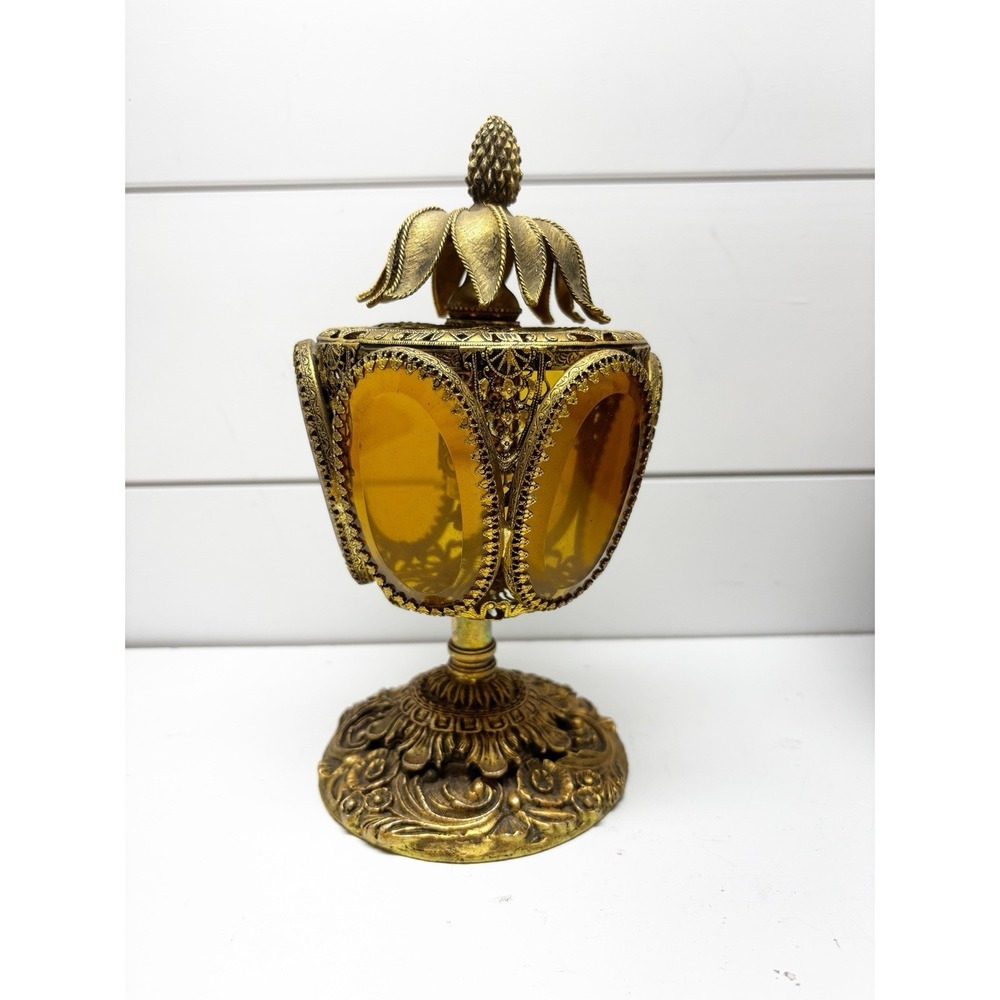 Antique French Ormolu Beveled Amber‎ Glass Perfume Holder Bottle With Dauber